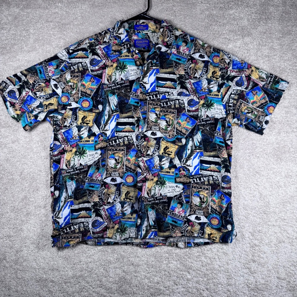 Pendleton Mens XL Short‎ Sleeve Button Down Shirt Postcard National Park Print